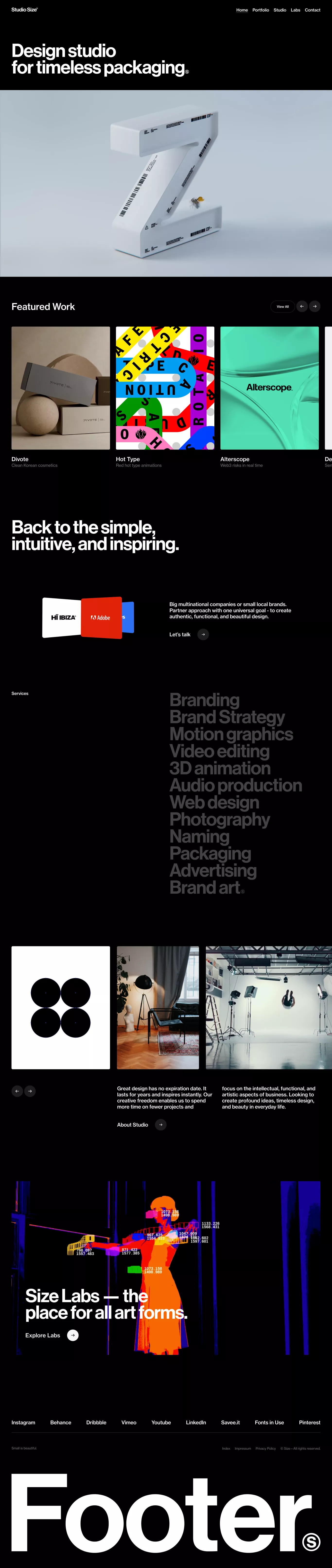 Studio Size - Branding, Packaging & Moti portfolio page screenshot showcasing Photography and Design design