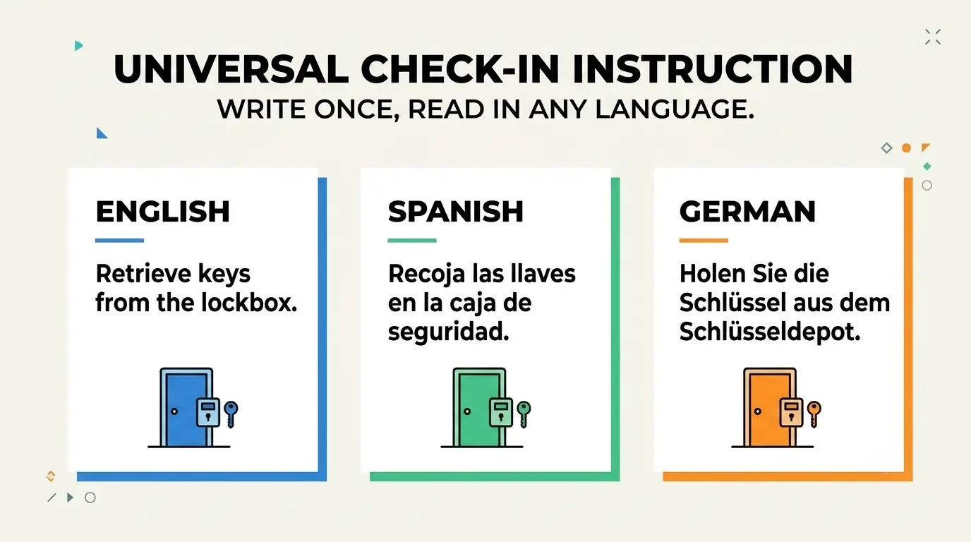 The same short check-in instruction displayed in three languages with a lockbox icon.