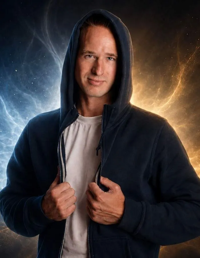 Danny van Brussel in een donkere hoodie tegen een blauwe en gouden achtergrond.