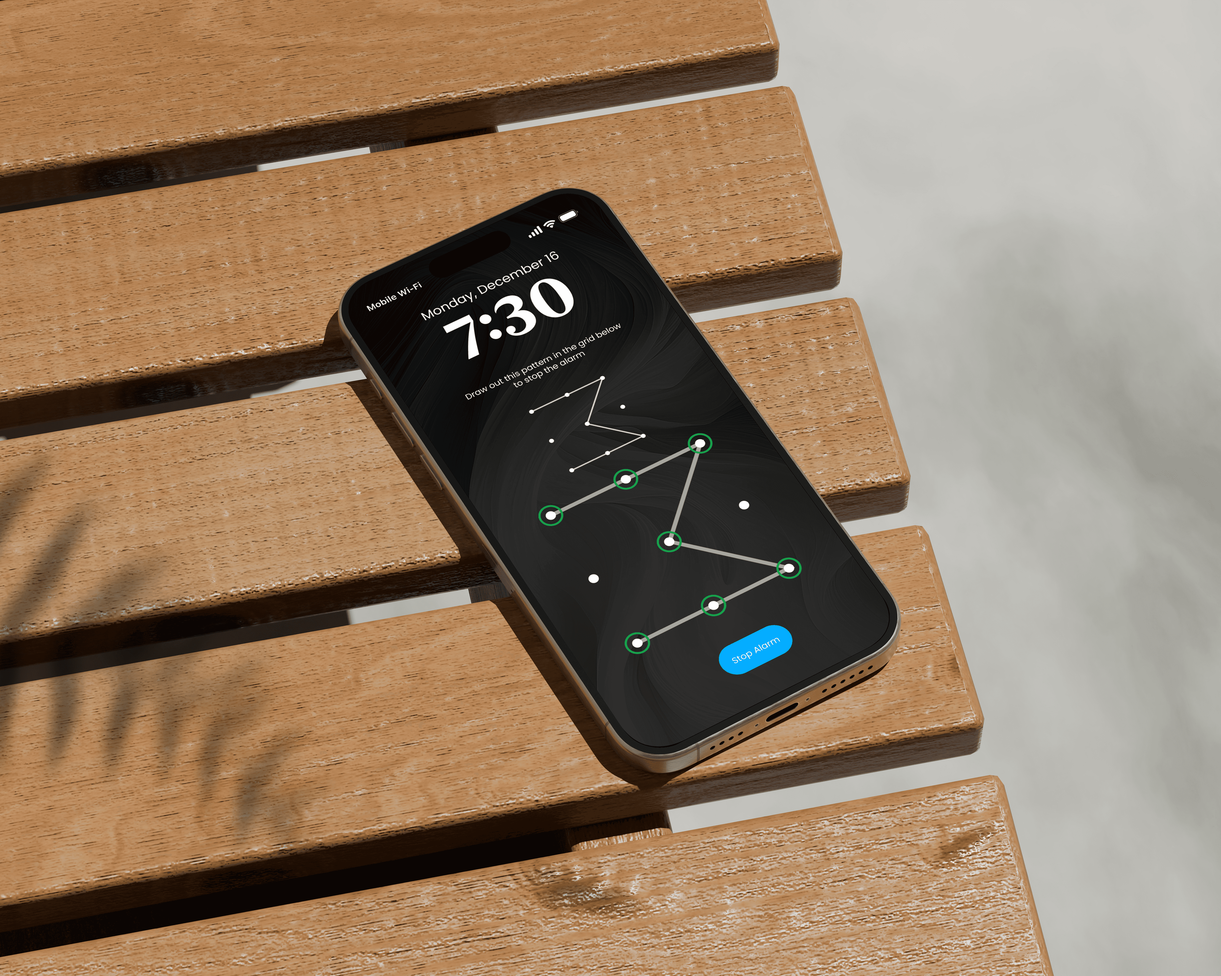 Phone on a wooden table showing the Cognitive Alarm wakeup screen.