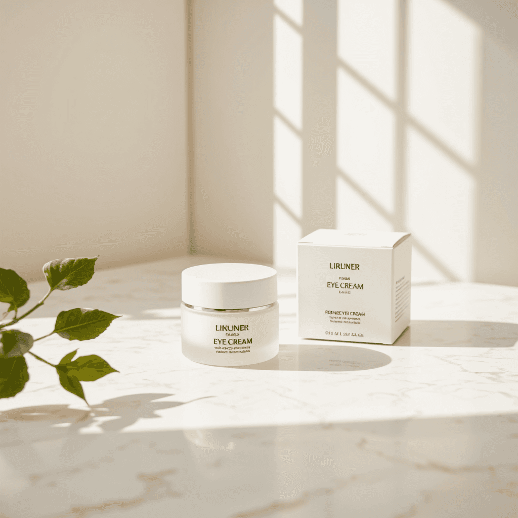 product photography of a jar of eye cream with a box
