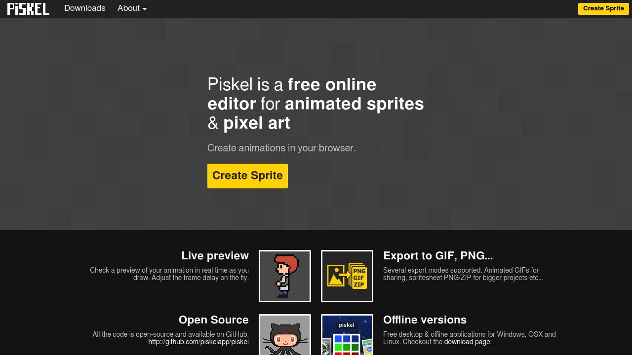 Screenshot of the Piskel website showcasing free online sprite editor and pixel art tool