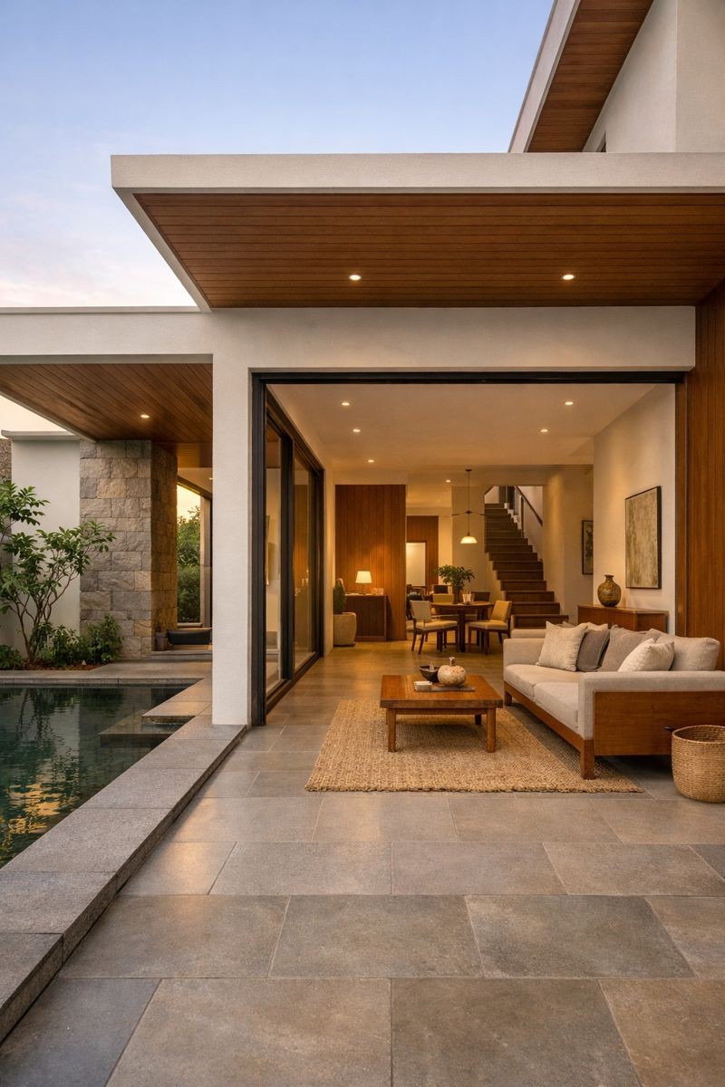 A modern house with large windows and a flat roof, surrounded by greenery against a clear blue sky.