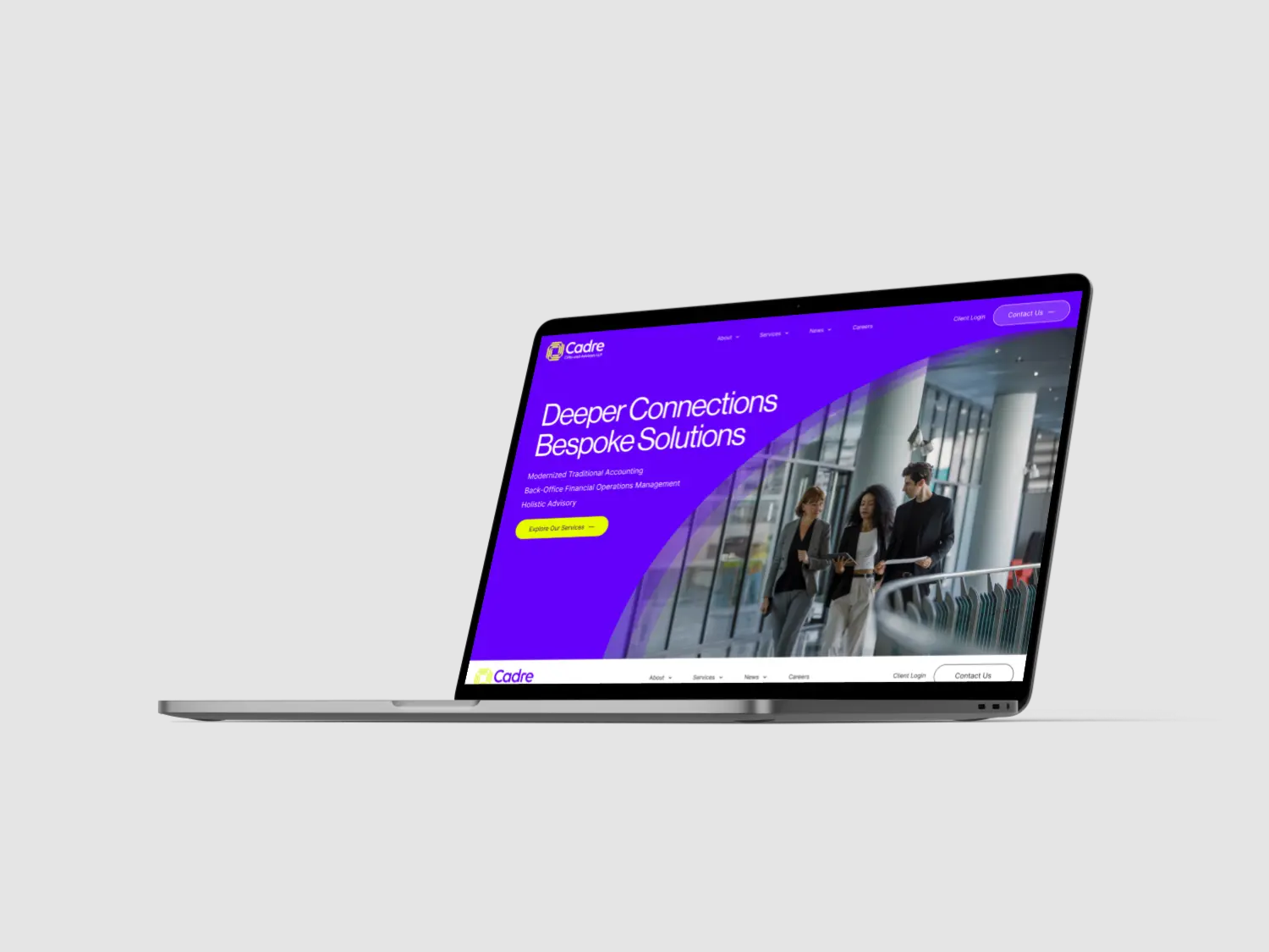 A laptop display shows a colorful presentation slide with text and an image of a city skyline.