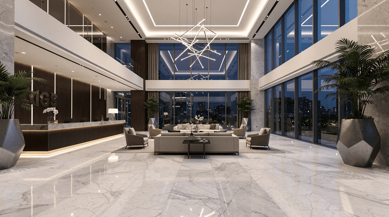 The image depicts a modern luxury hotel lobby featuring elegant marble floors, soft ambient lighting, and sleek architectural lines, creating a welcoming atmosphere. This design reflects the high-quality standards and innovative solutions typical of a leading design agency in Dubai.