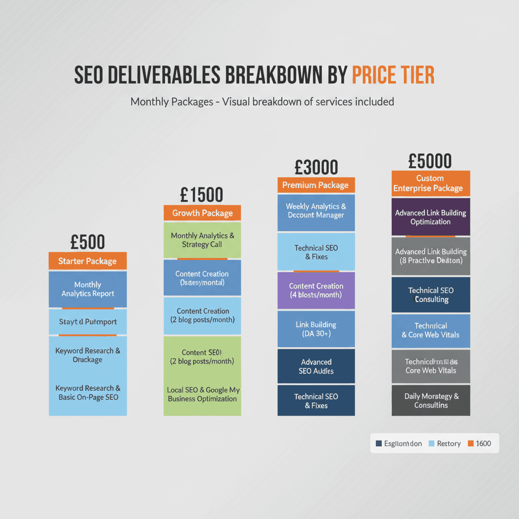 SEO service deliverables by UK pricing tier