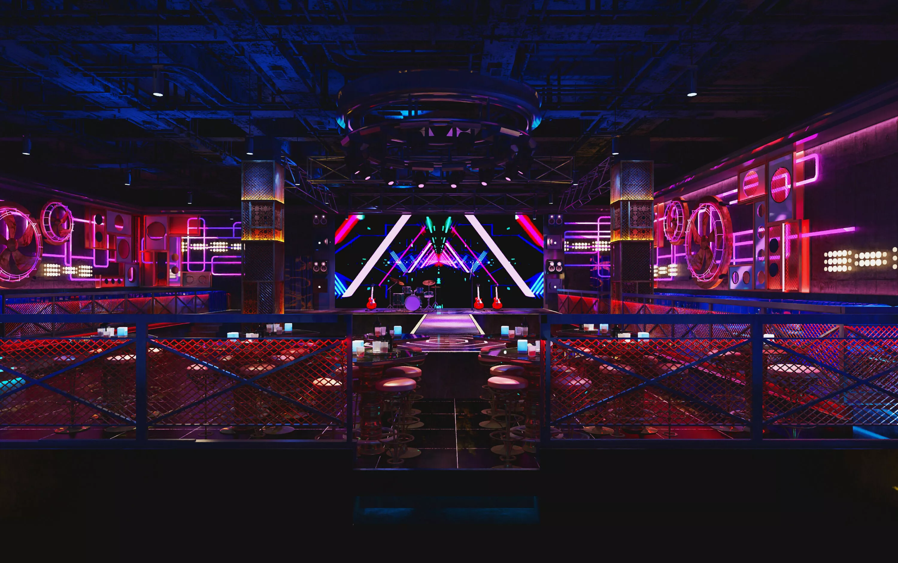 Neon-lit Nocturne Club venue with stage, instruments and seating