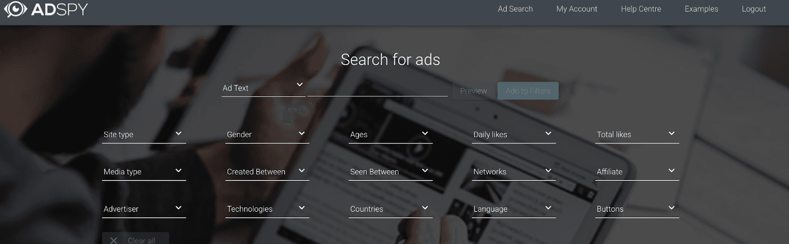 AdSpy ad search and filtering dashboard with advanced filter options
