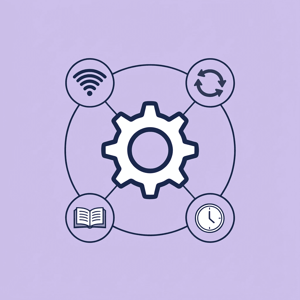 Central AI hub connected to four surrounding application icons representing interconnected systems