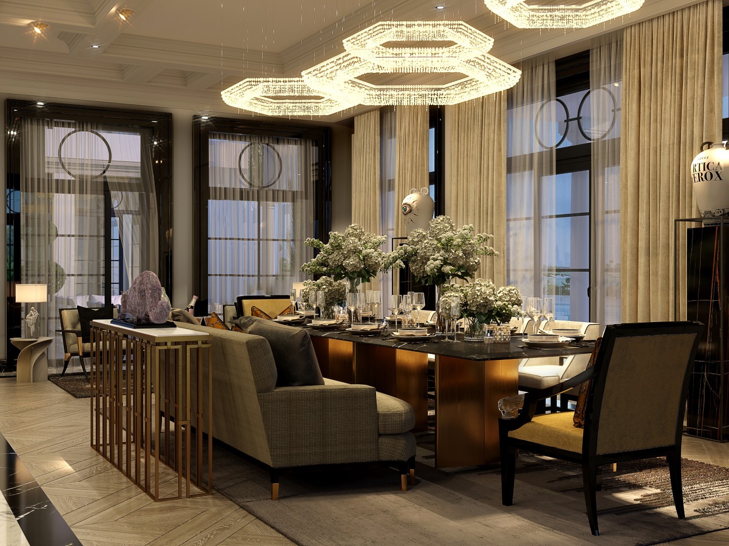 Luxurious contemporary dining room with a sophisticated table setup, elegant lighting fixtures, and abundant floral arrangements, creating a stylish and inviting ambiance.