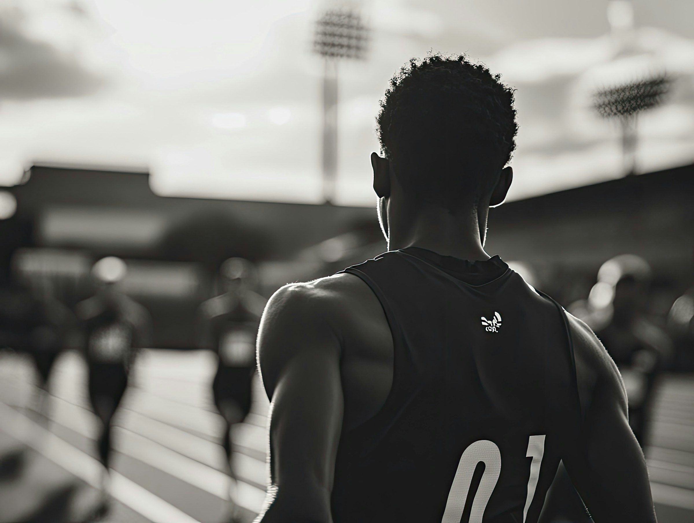 Track and field athlete preparing for a sprint under stadium lights, representing focus, speed, and peak performance—key aspects of athletic rehab and training.