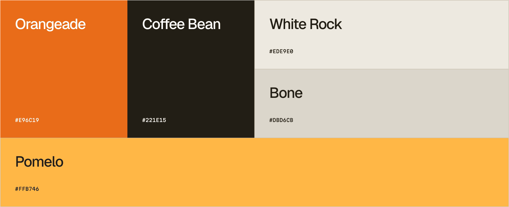Rhino.fi brand color palette featuring Orangeade, Coffee Bean, White Rock, Bone, and Pomelo with hex codes