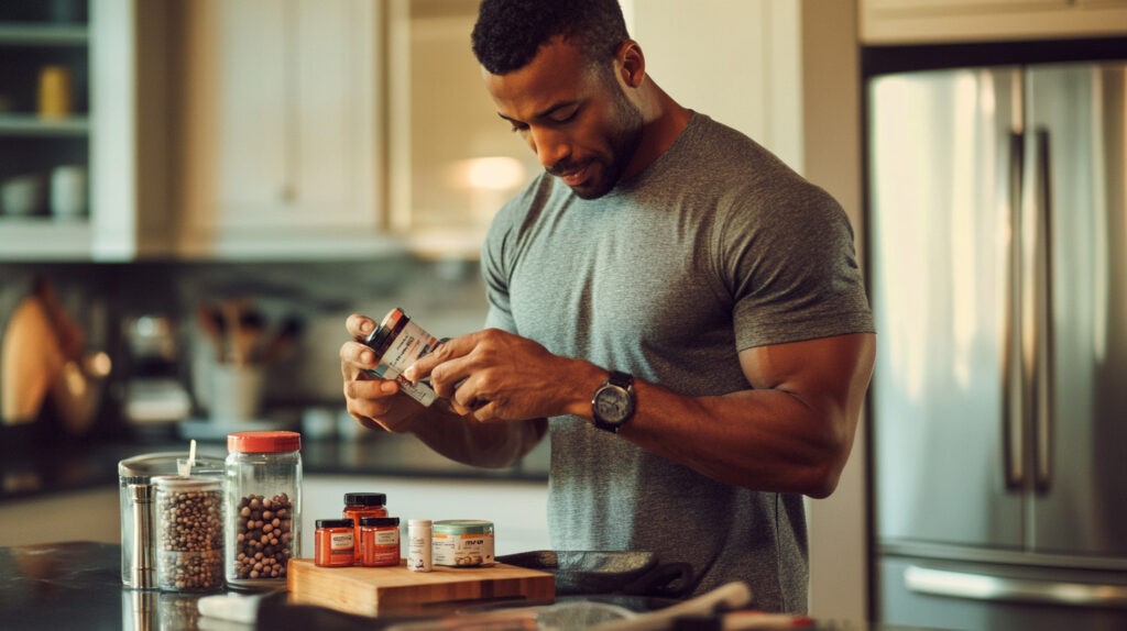 An athlete in a kitchen carefully examines supplements as part of a pre-sleep routine. This scene highlights the importance of nutrition and supplementation in optimizing sleep quality and recovery for high-performance athletes.