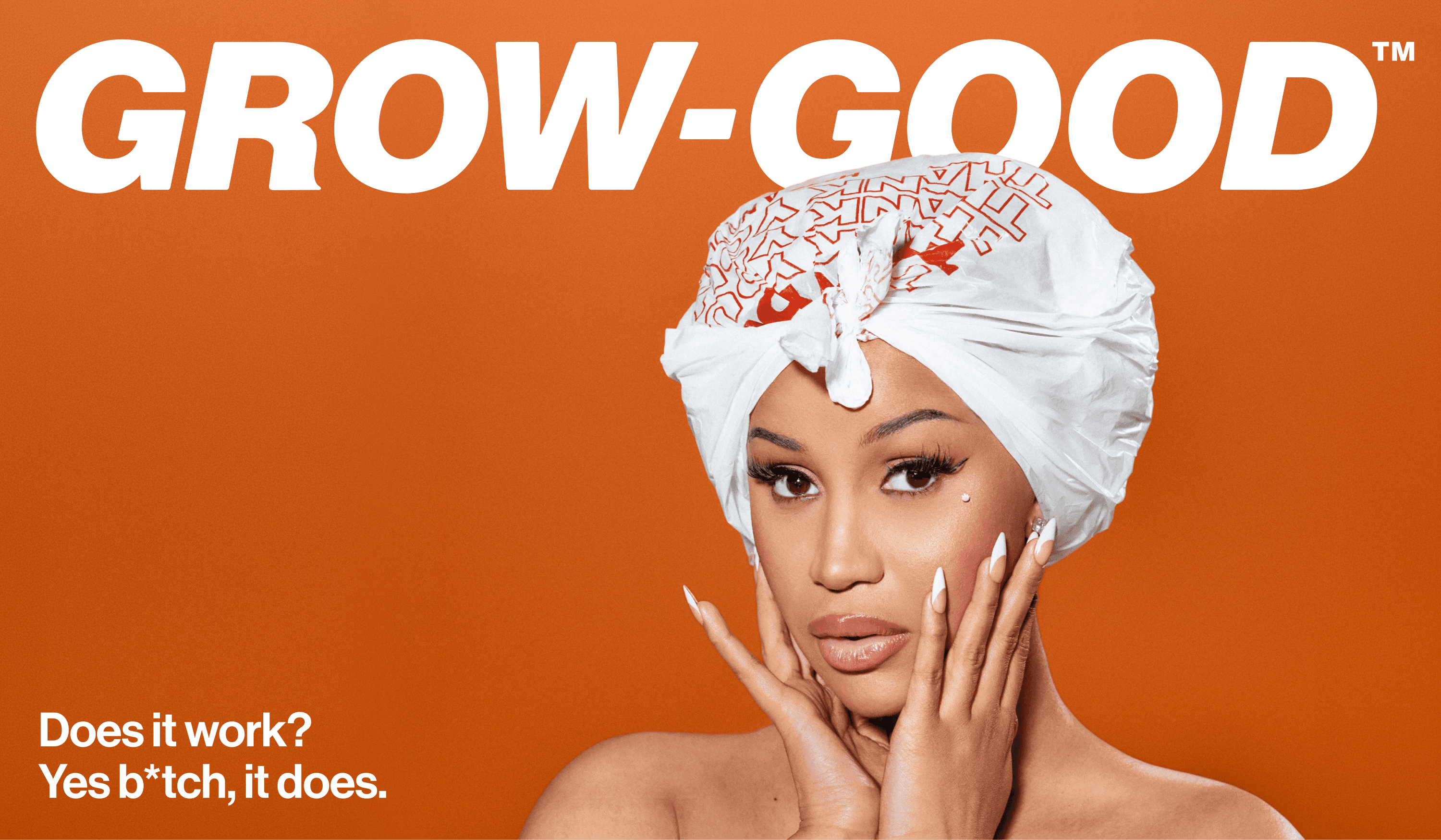 Bully For You — Grow-Good Beauty campaign hero, Cardi B wearing branded shower cap on orange background