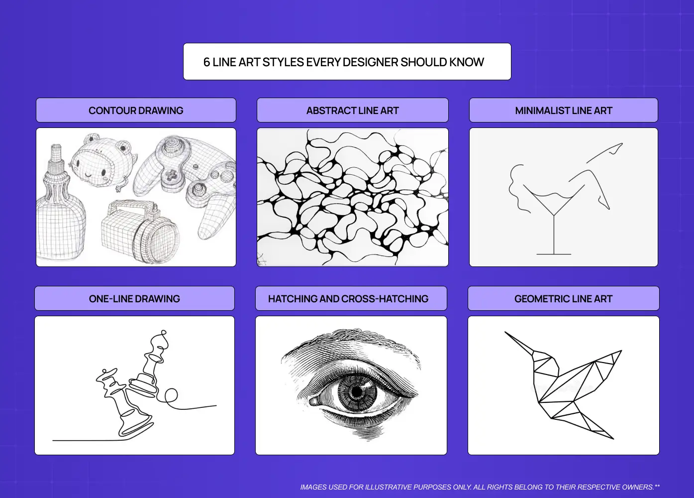 Overview of popular line art styles, including contour drawing, one-line art, geometric illustration, hatching, abstract line work, and minimalist sketches.