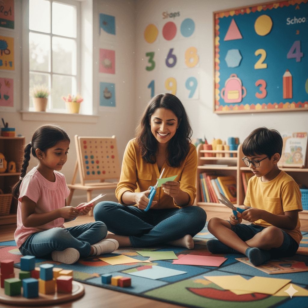 Child psychologist guiding kids in social learning and peer interaction