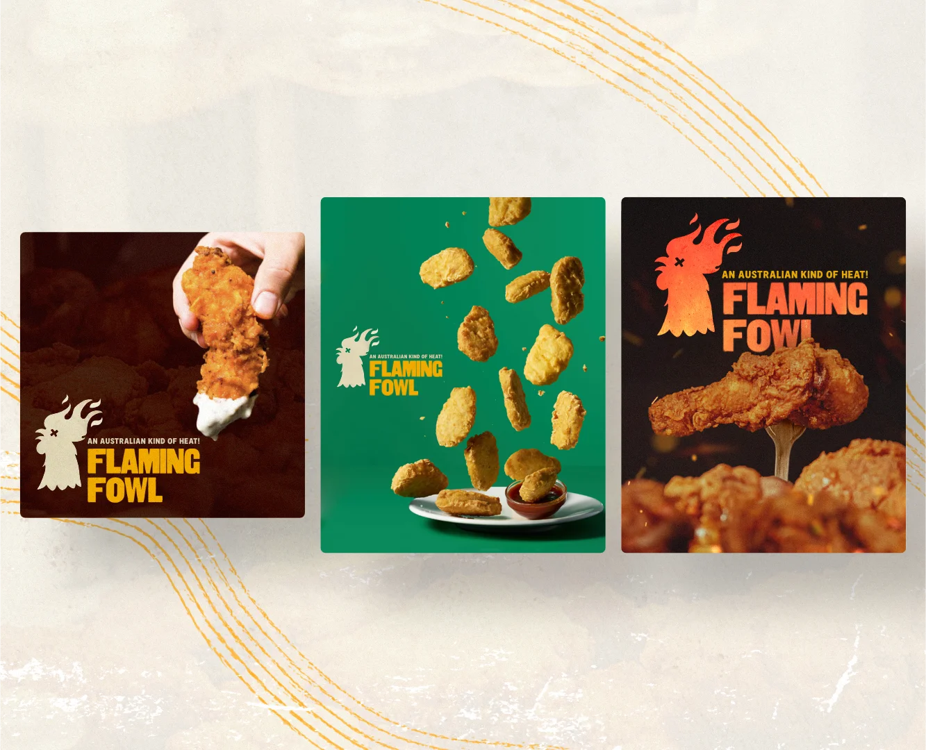 Three social media graphics for Flaming Fowl: a hand dipping a chicken tender into sauce, golden nuggets falling into a dish on a green background, and a close-up of a spicy drumstick against a dark, fiery backdrop.