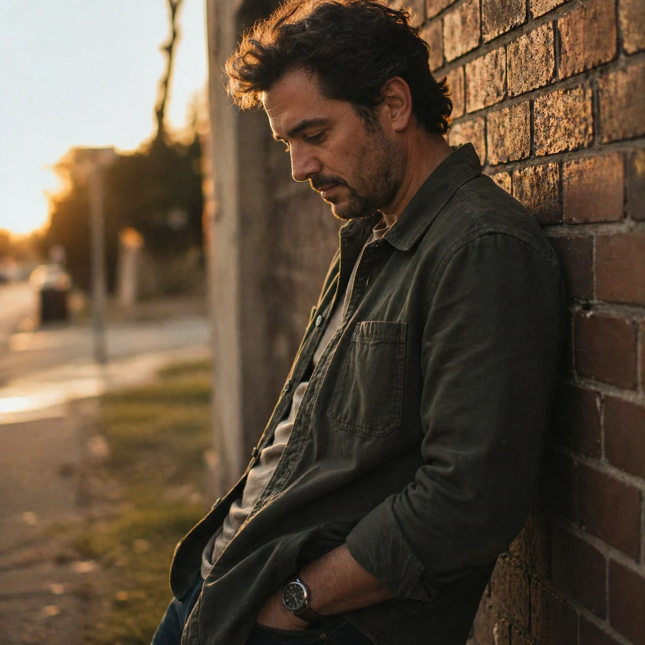 A man leaning against a brick wall at sunset, looking down thoughtfully in warm golden light.