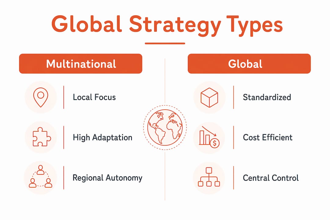 Infographic comparing multinational and global strategies