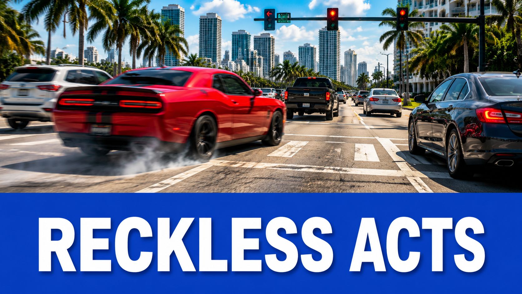 A red sports car accelerates rapidly on a sunny city street in front of traffic.