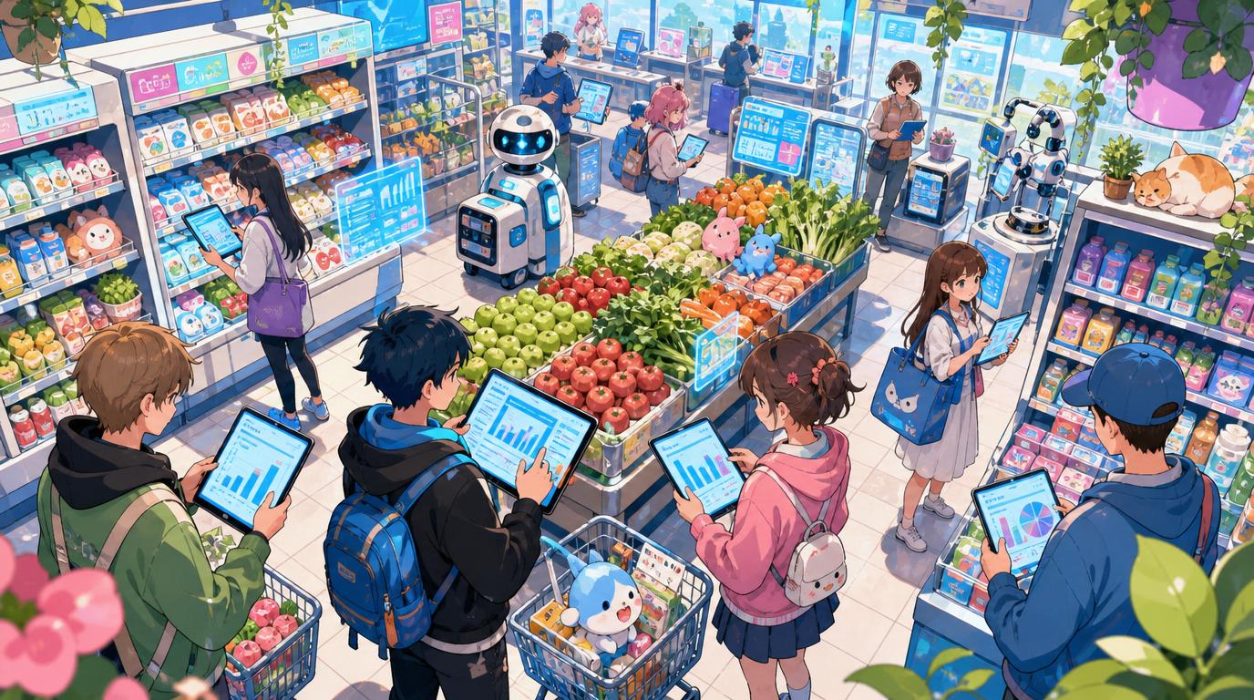Create a highly detailed anime-style illustrated scene with manga art direction of a bustling supermarket at lunchtime with people buying with tablets and analytic numbers in screen