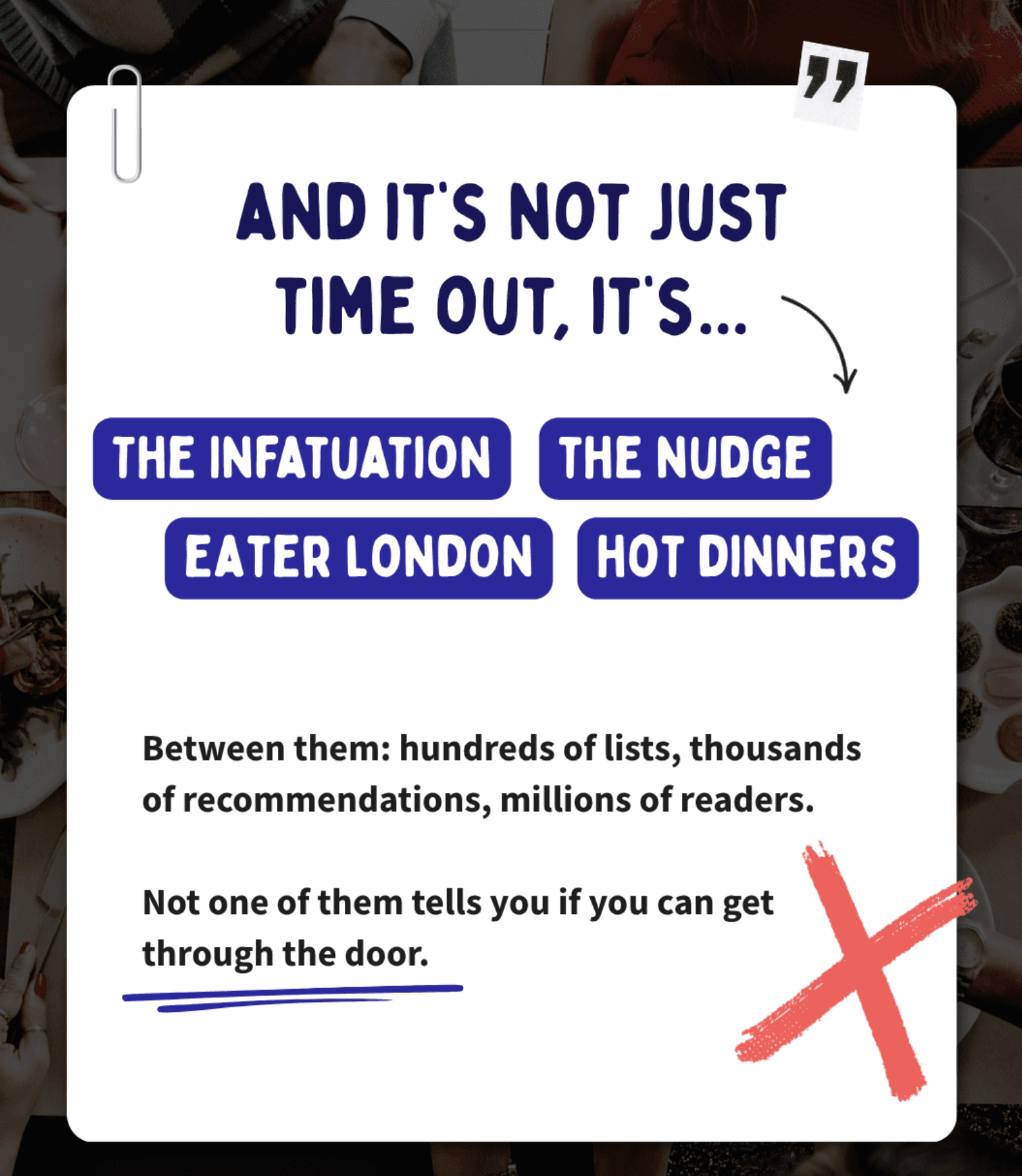 Why London’s Best Restaurant Lists Ignore Accessibility, graphic 'and it's not just time out, it's The Infatuation, The Nudge, Eater London, Hot Dinners. Between them: hundreds of lists thousands of recommendations, millions of readers. Not one of them tells you if you can get through the door.