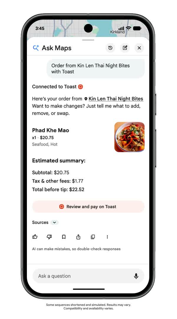 Google demonstration showing a prepared food order and a Review and pay on Toast button