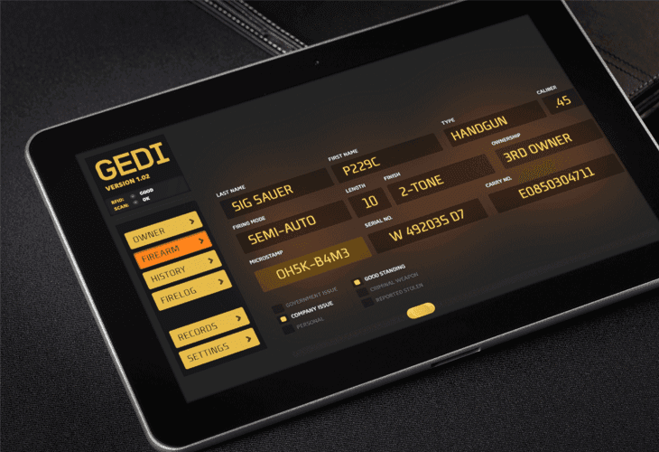 A tablet device displays a GEDI version 1.02 interface. The screen shows fields for last name, first name, length, finish, serial number, and caliber. Below these fields are options for owner, firearm, history, firelog, records, and settings. The device rests on a dark surface.