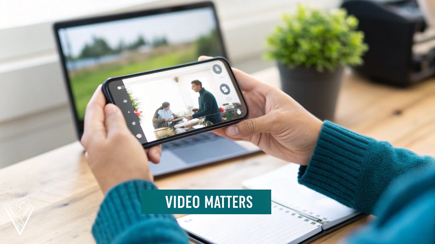 Hands holding a smartphone displaying a video call of two men, with a laptop in the background.