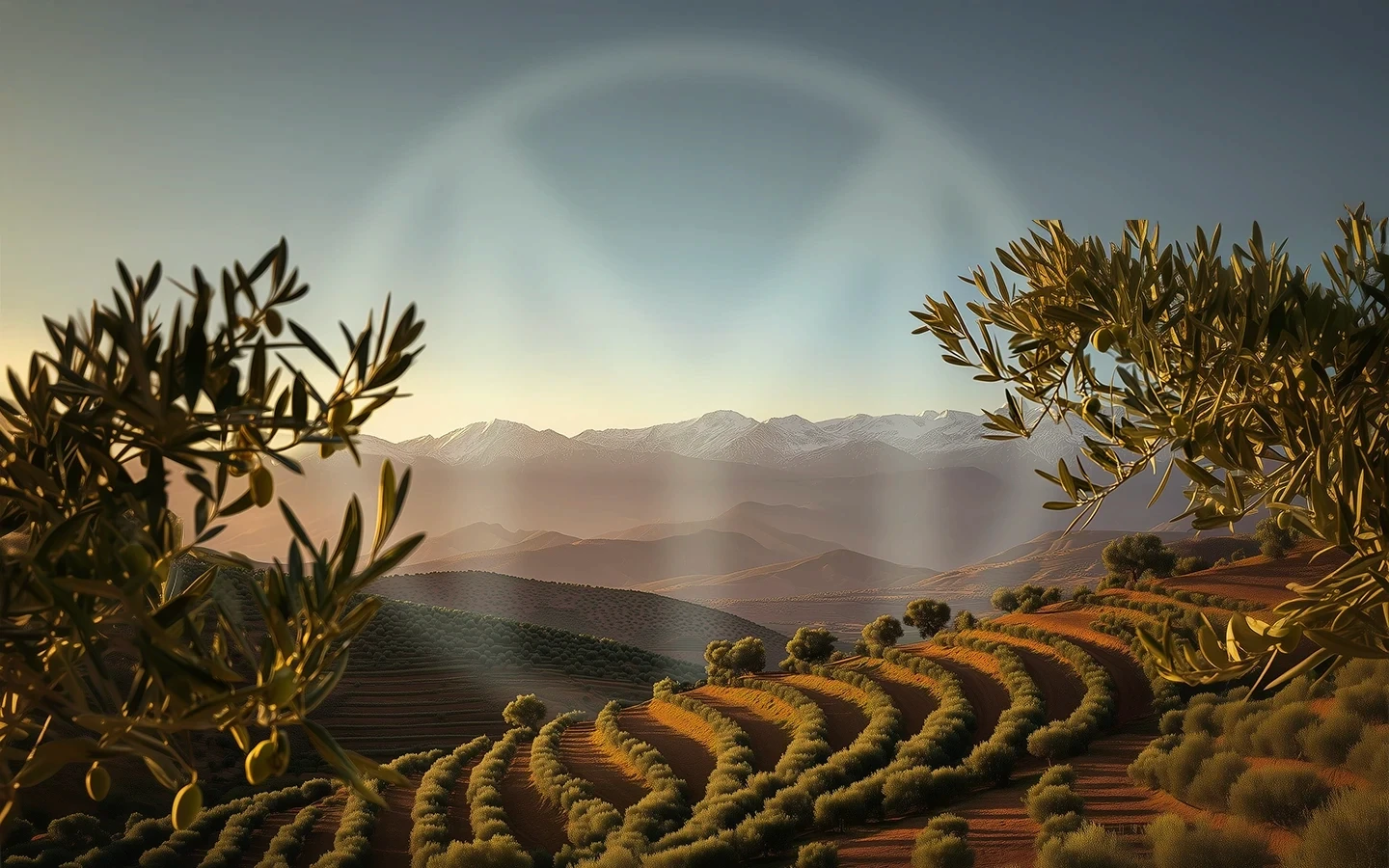 OYM oil logo as cloud in a moroccan landscape with lots of greenery and olive trees