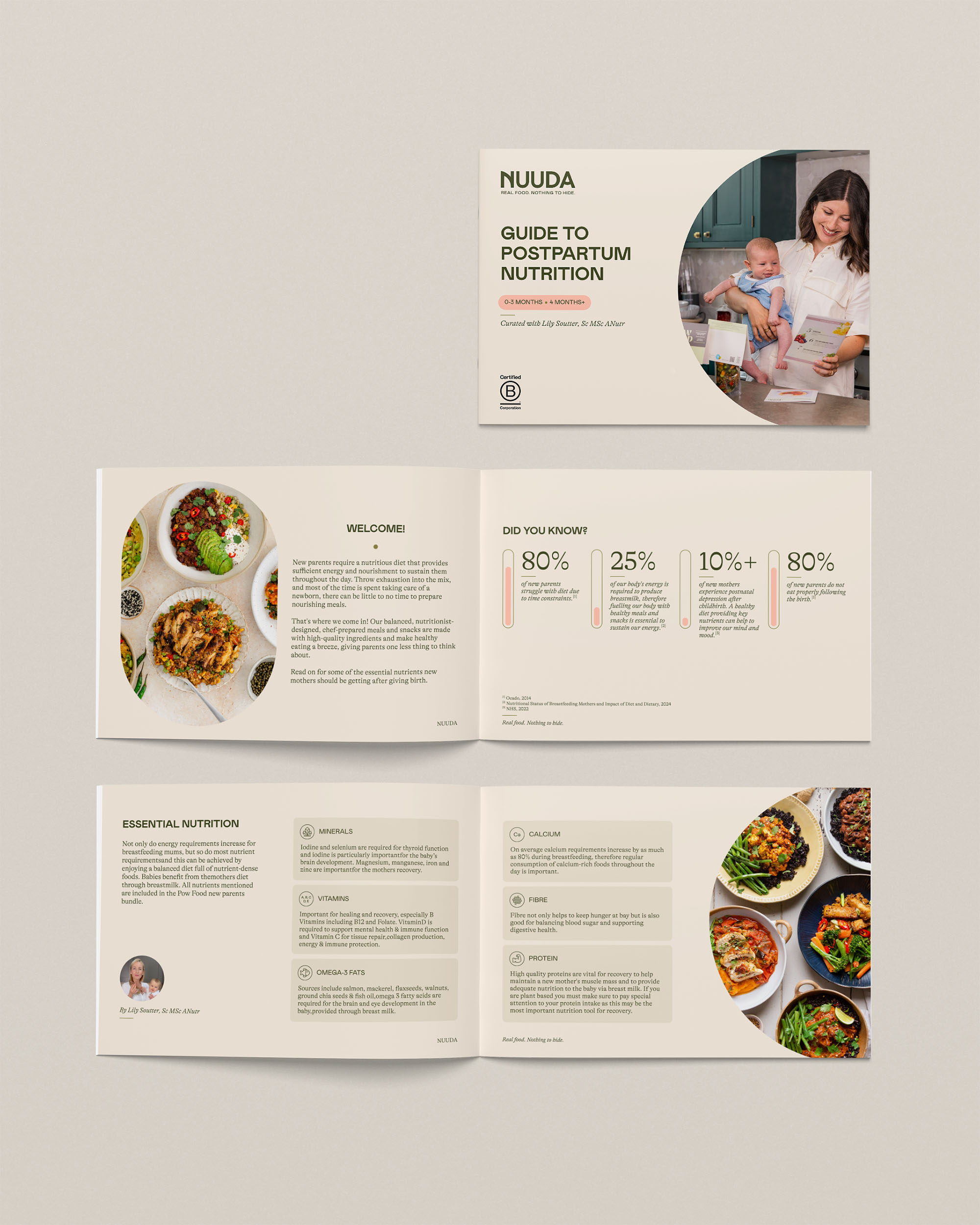 Spreads from Nuuda's postpartum nutrition guide booklet showing cover, statistics page, and nutritional information layout
