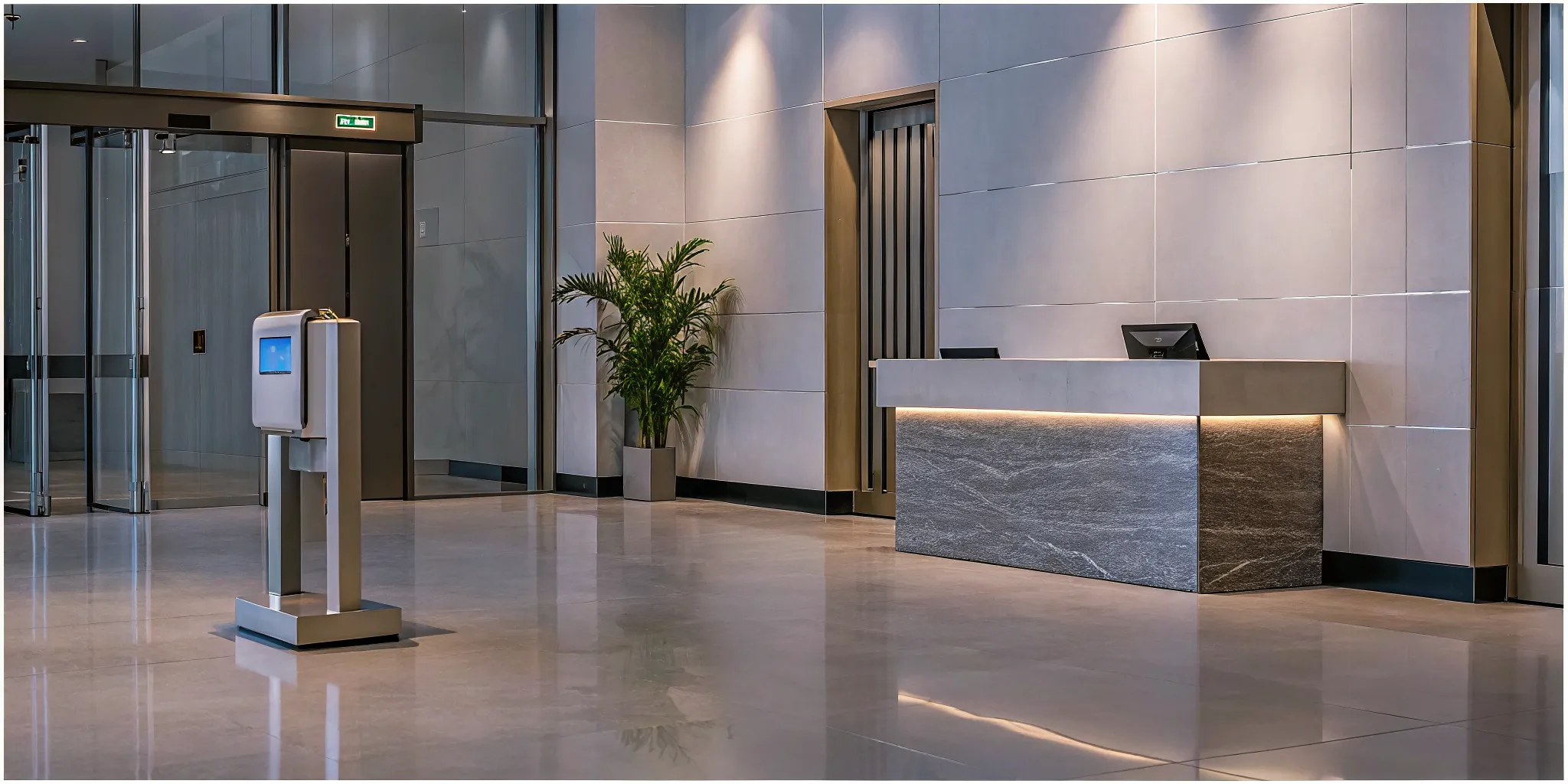 Modern corporate office lobby with digital visitor check-in kiosk and professional security reception desk
