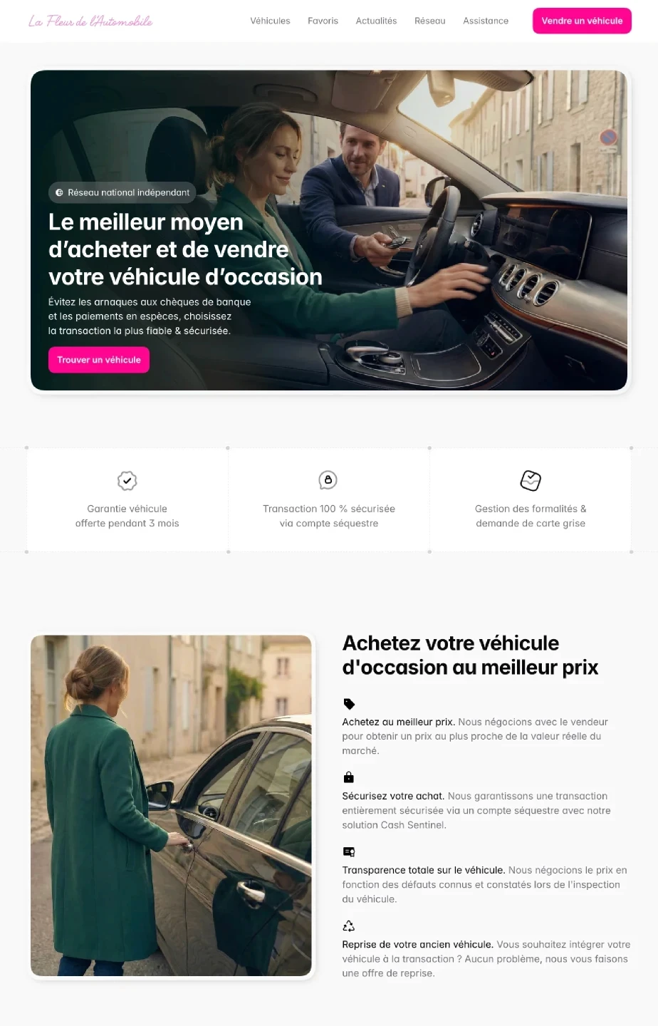 Page d'accueil d'un site Framer réalisé par 1temporel pour une entreprise de vente de véhicules d'occasion