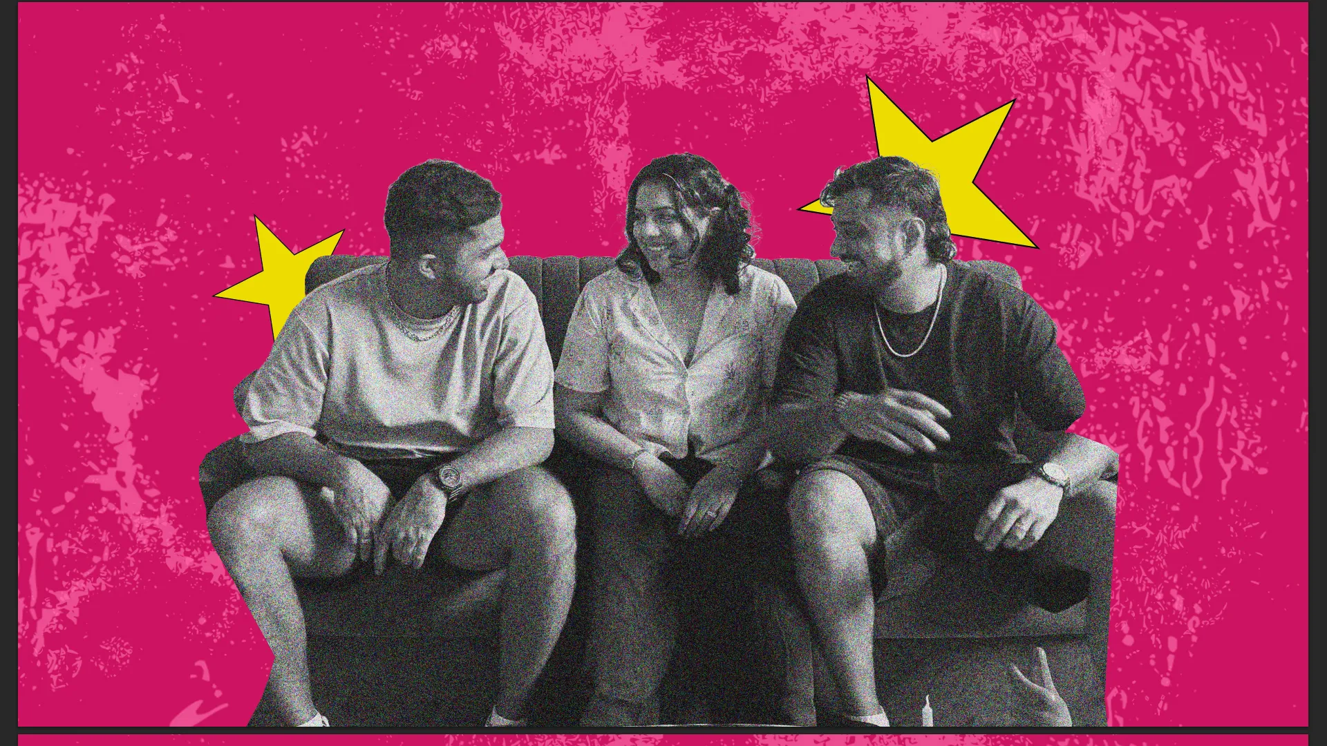 3 people seated on a sofa smiling at each other, artist collective team