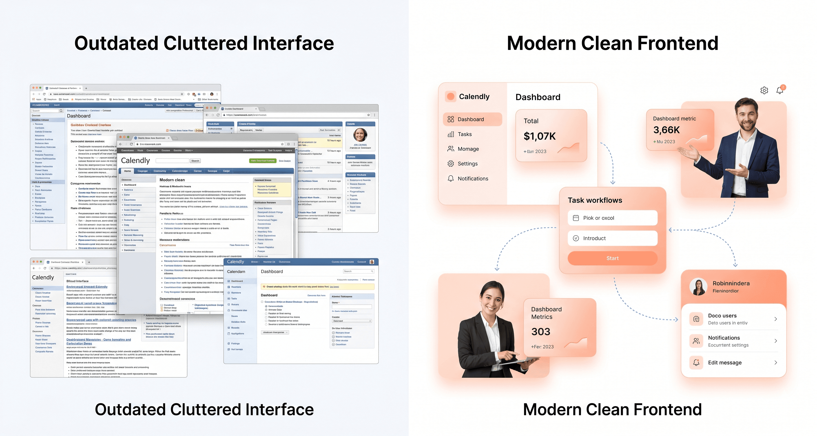 Outdated cluttered SaaS interface compared with modern frontend design showing improved usability, navigation, and user trust.