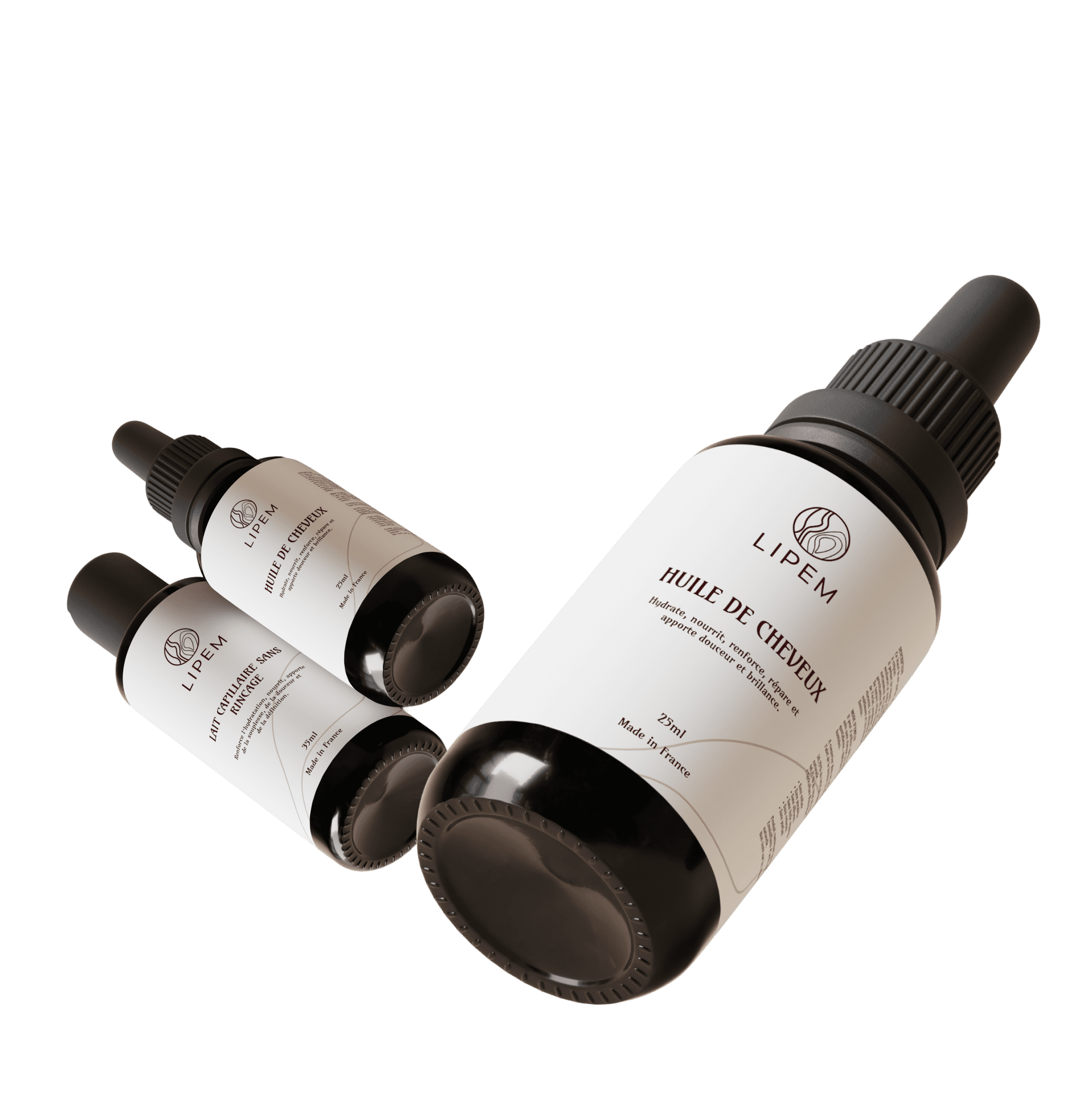 Set of skincare dropper bottles with minimalist white labels and elegant logo design, displayed on a soft peach background.