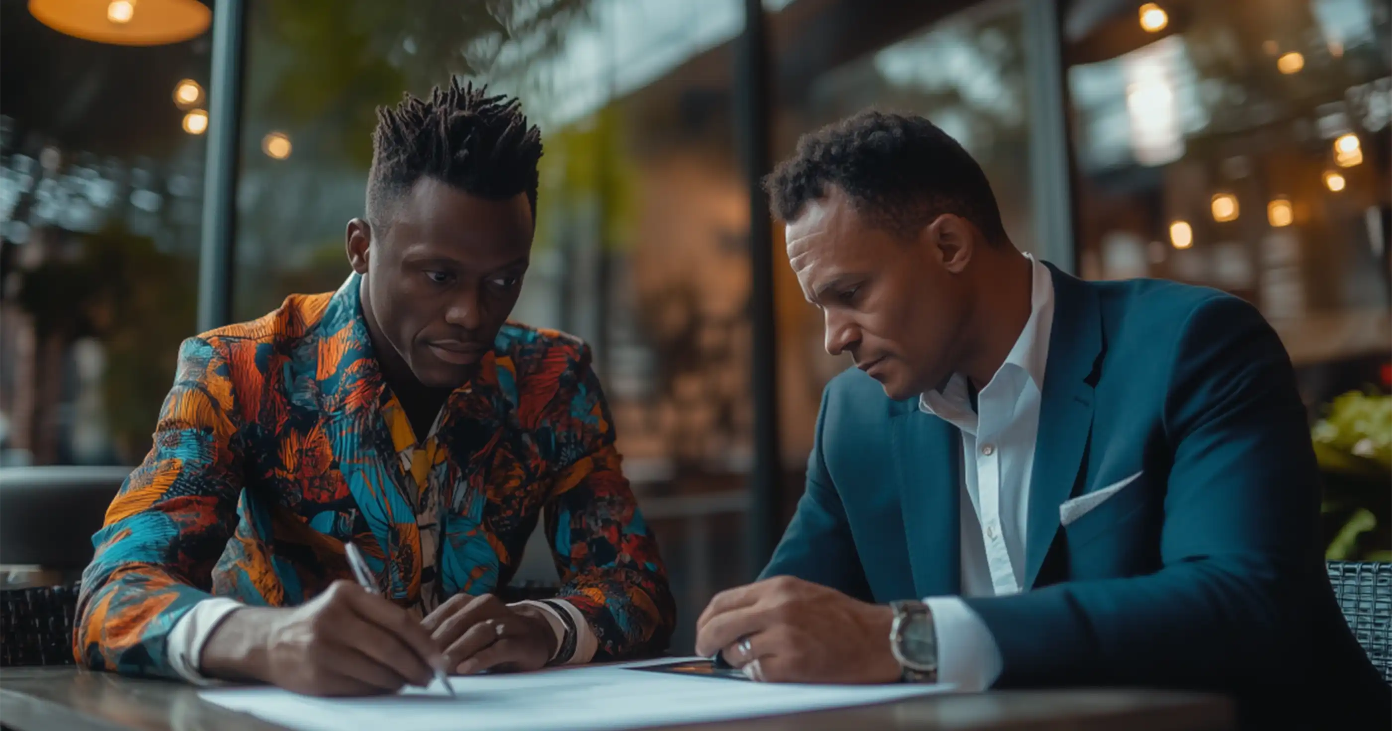 a black artist is signing a contract while a label executive watches