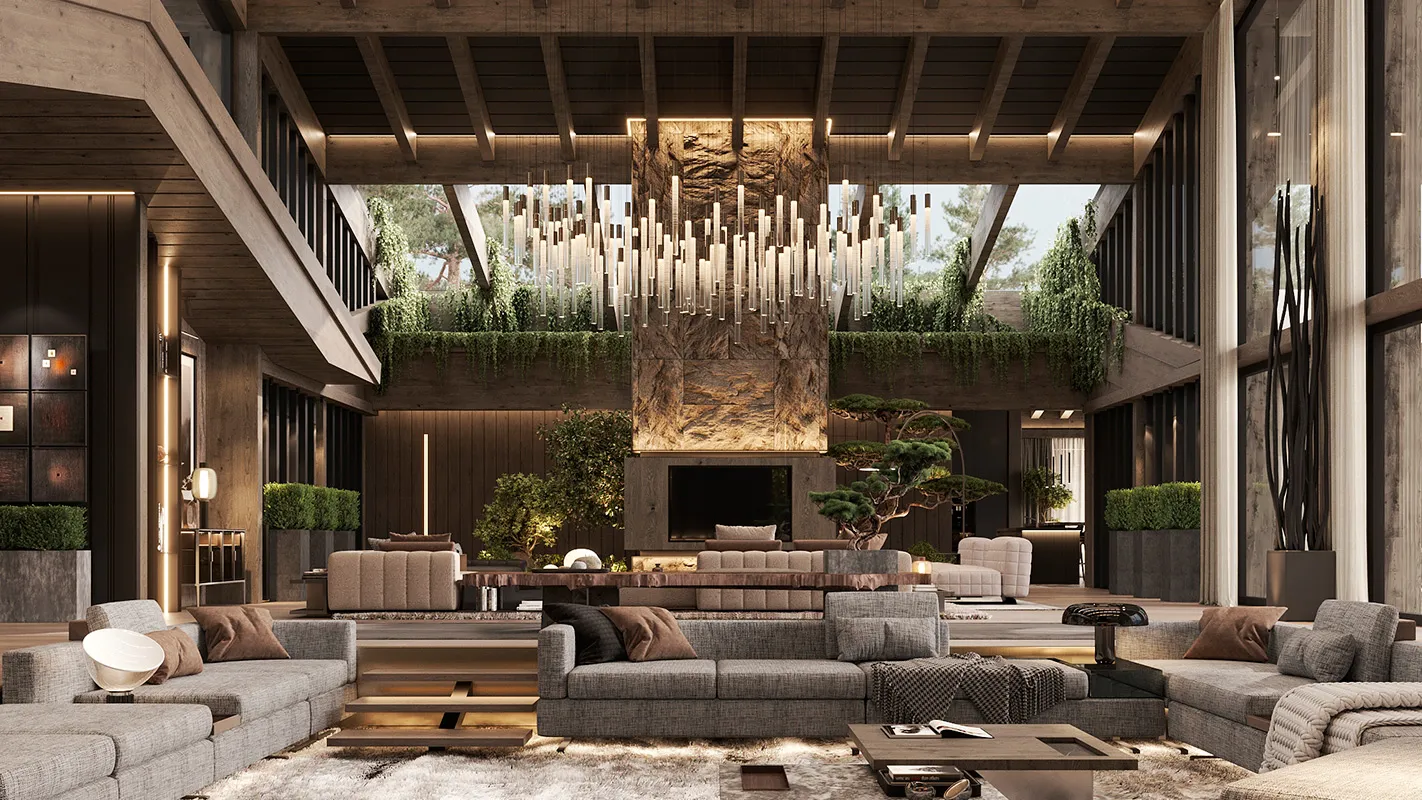 Peakside Chalets, Cyprus luxury lounge with modular sofas, textured rug, and statement stone fireplace wall