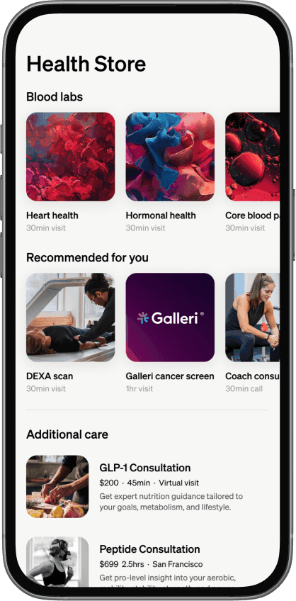 Eternal app care menu showing hormonal health, core blood panel, Galleri cancer screening and coach consultation booking options