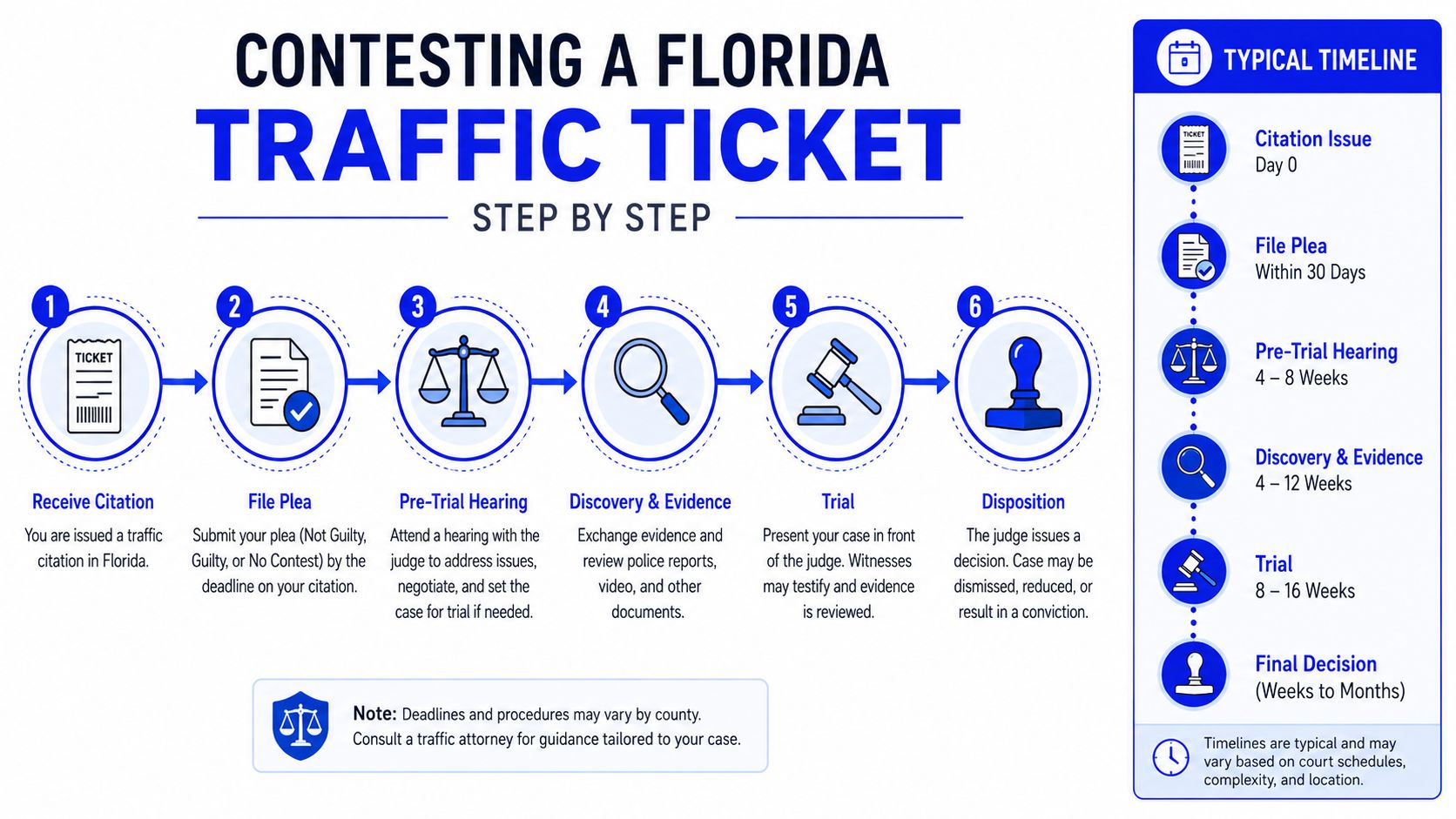 An infographic detailing the step-by-step process of contesting a traffic ticket in the state of Florida.