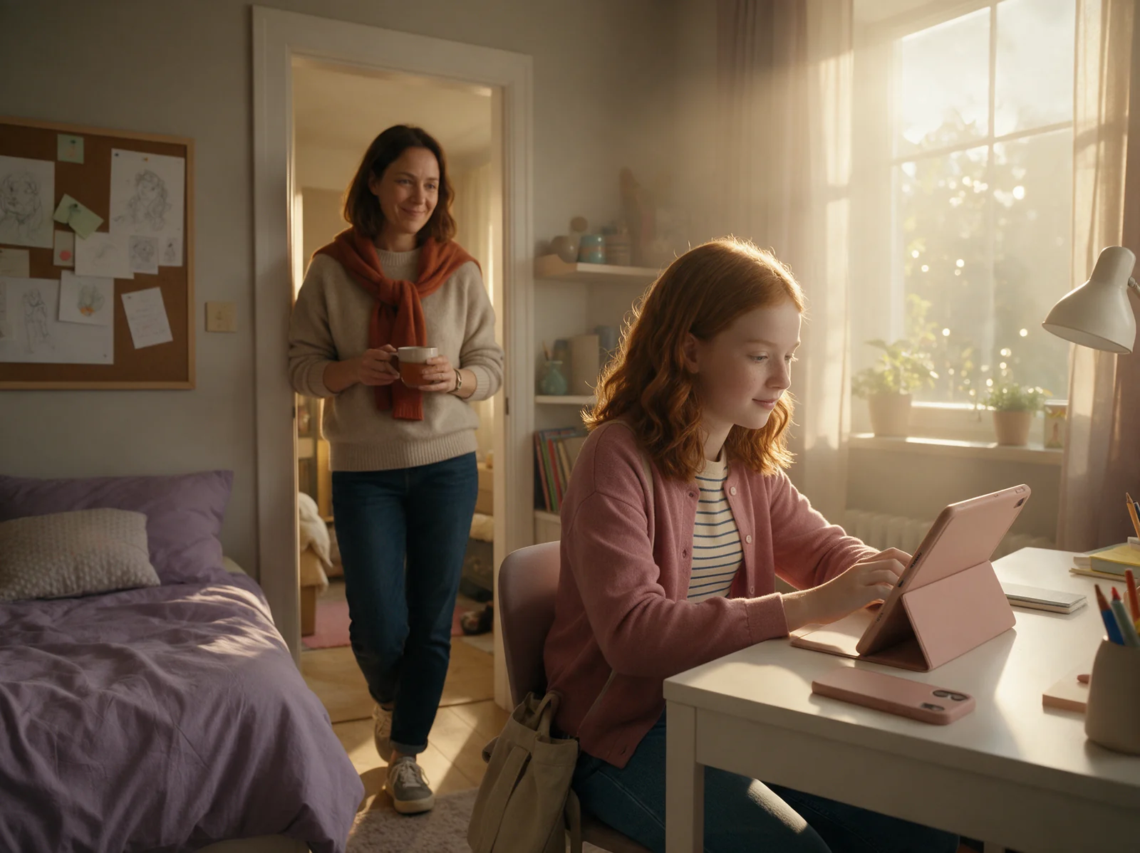 Dítě procvičuje cizí jazyk doma na tabletu za podpory rodiče