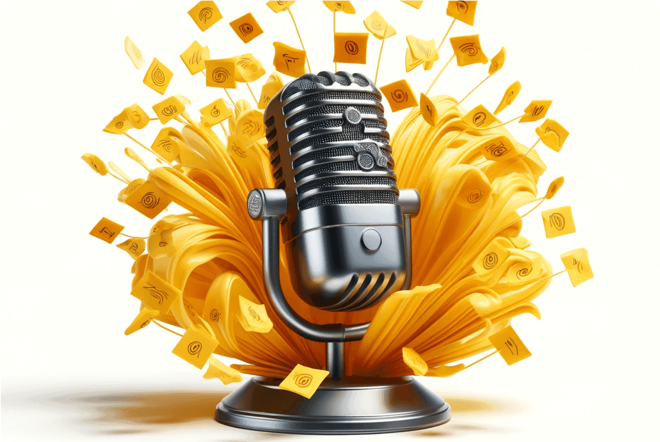 A podcasting microphone in front of a yellow background