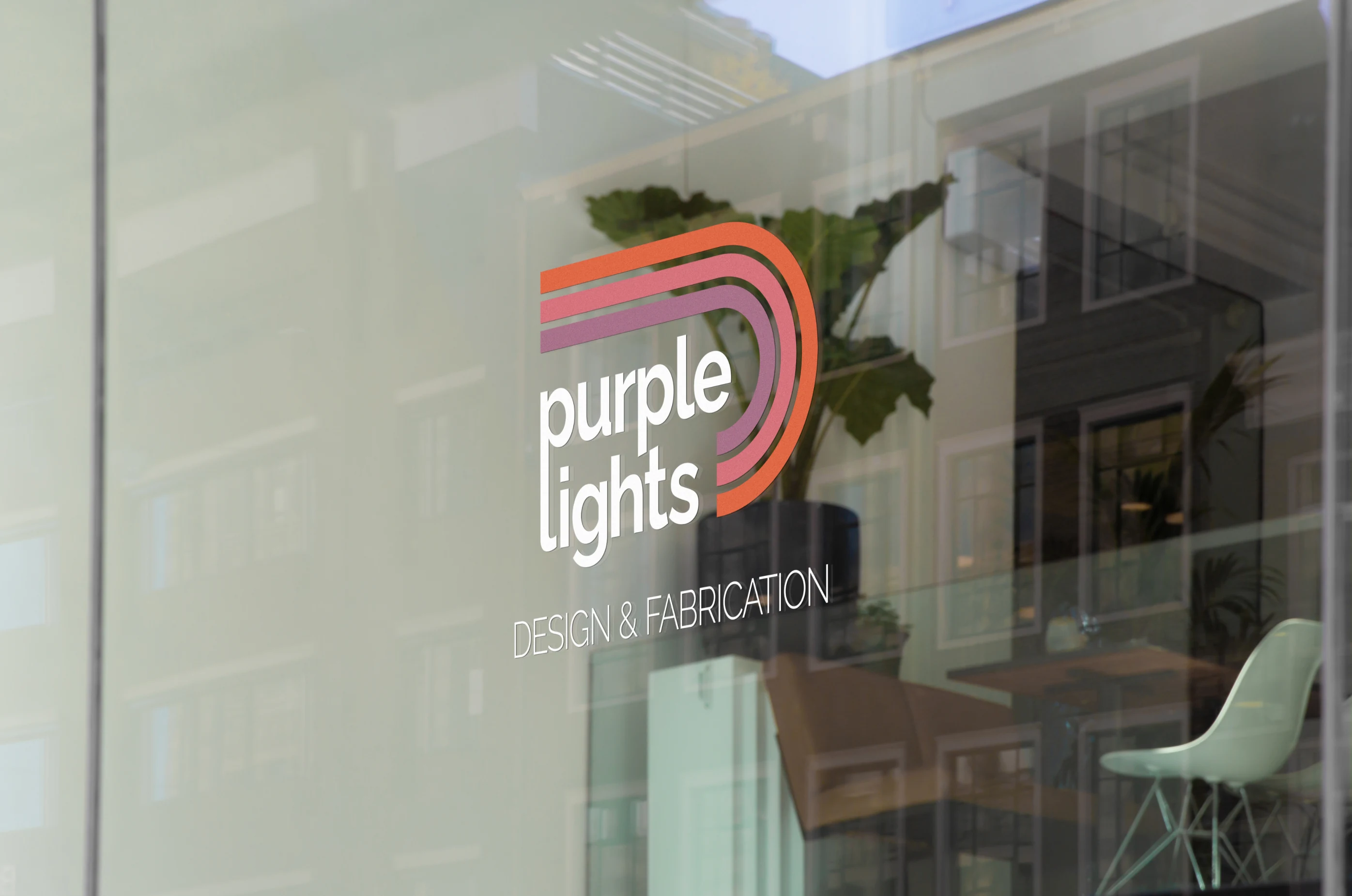 Purple Lights — Logo on glass office window — Environmental branding