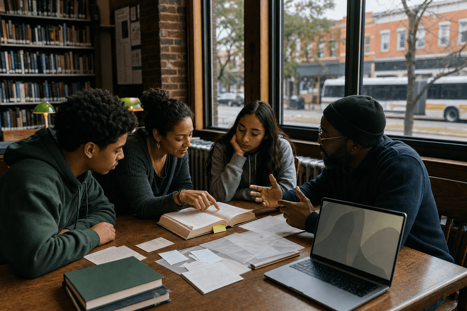 Editorial illustration of an intergenerational group discussing a book in a Detroit neighborhood library