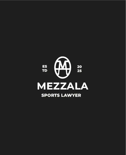 Vertical white monogram logo for Mezzala Sports Lawyer featuring "Est. 2025" on a solid charcoal black background.