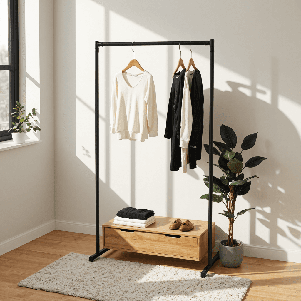 product photography of a clothing rack with storage