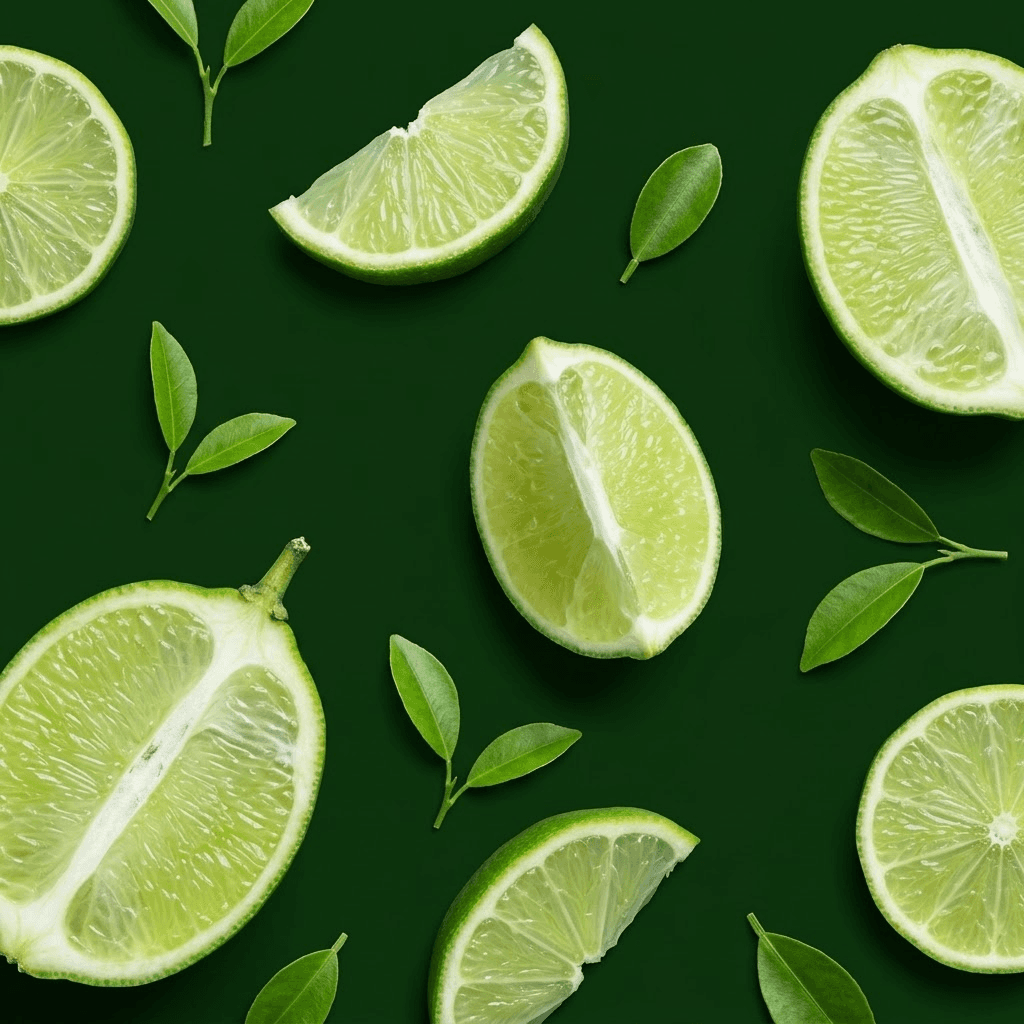 Lime halves and leaves on a dark green background