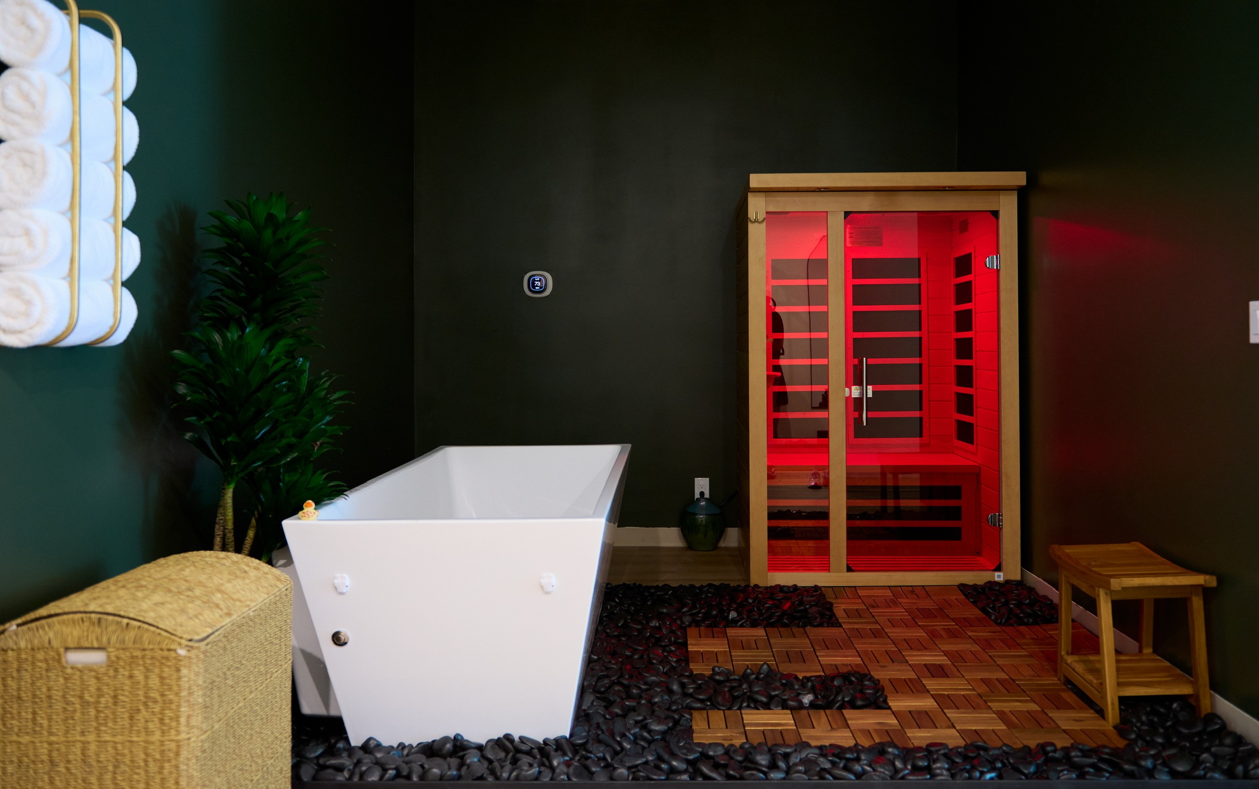 Artistic portrait with red and blue lighting creating a dramatic effect