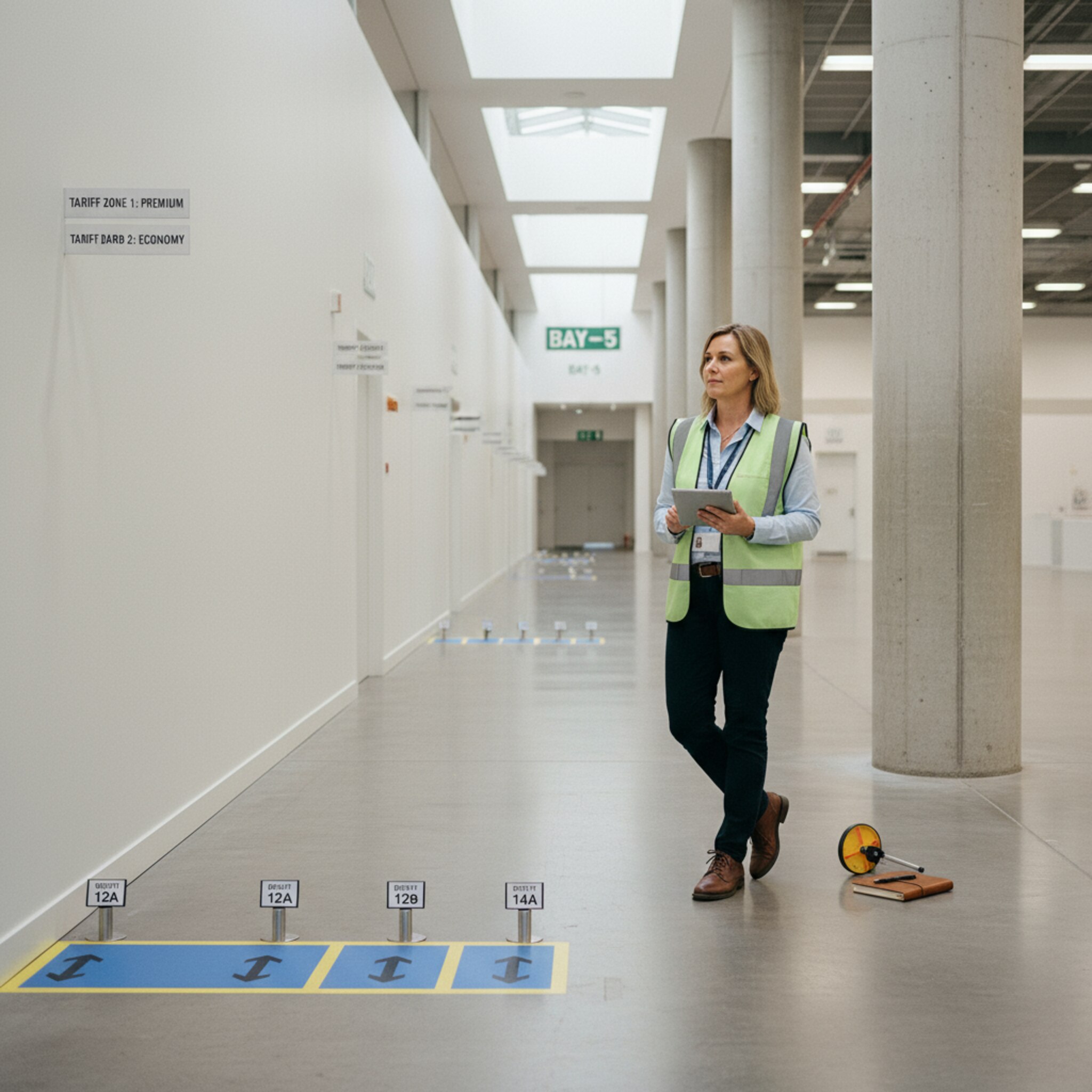 Ein Hallenmanager steht im leeren Gang zwischen nummerierten Flächen und prüft Markierungen für Eck- und Kopfstände. Kleine Hinweisplaketten zeigen unterschiedliche Tarifzonen. Am Rand liegen Messrad und Notizmappe bereit. Ein kurzer Blick bestätigt die Freigabe der Fläche.