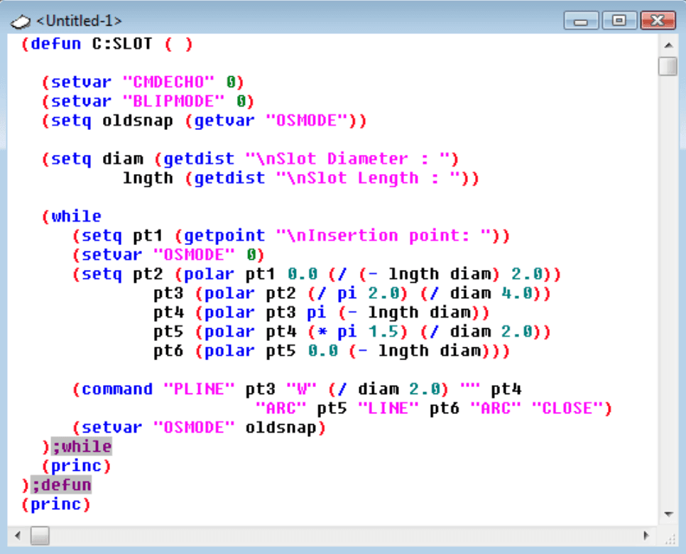 Visual LISP Editor displaying a custom C:SLOT routine with geometric calculations, user prompts, and drawing commands.